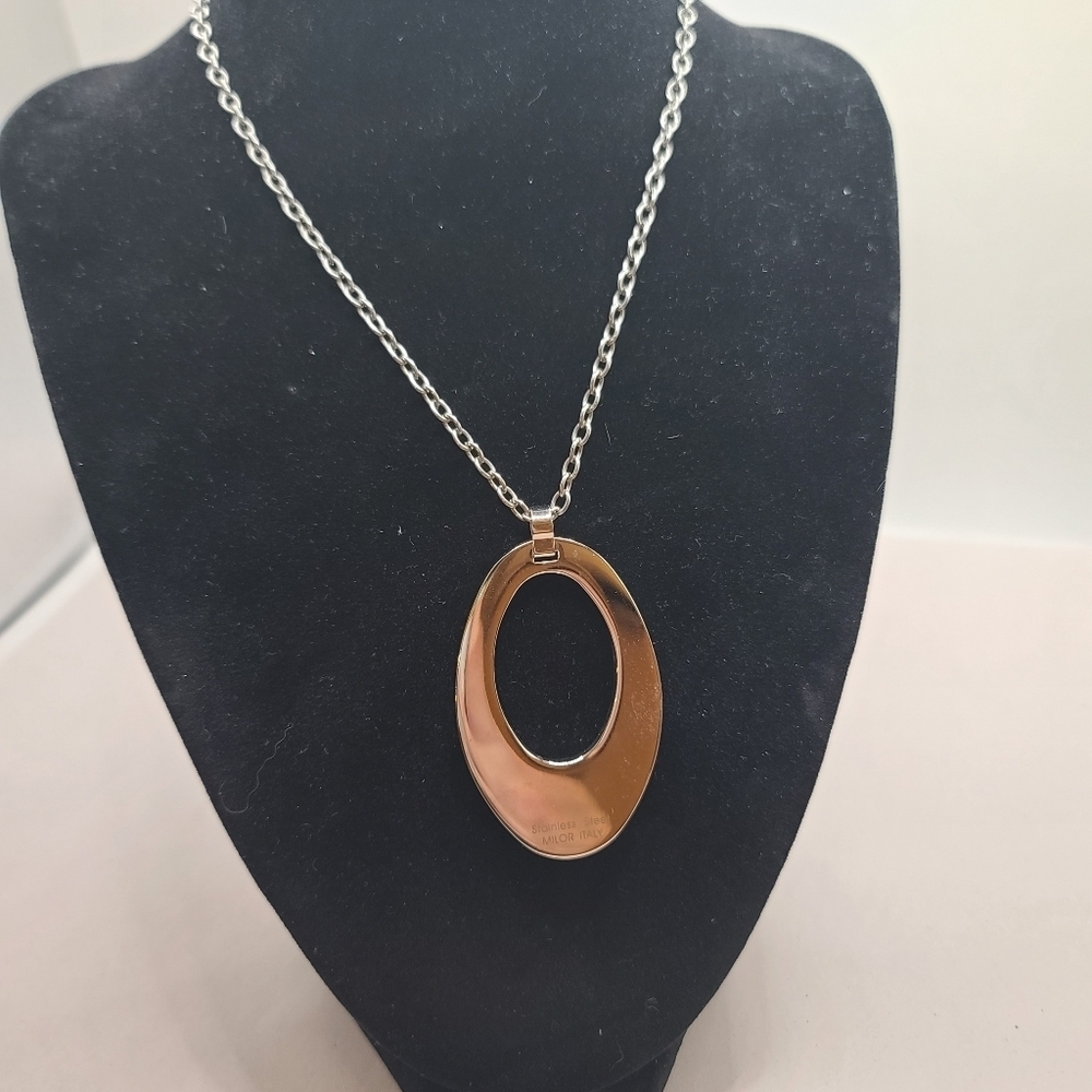 Silver Tone Large Pendant On Long Stainless Steel Chain